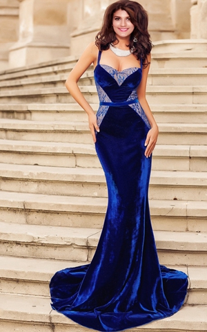 W25062-1 Evening gown of velvet and lace mermaid blue